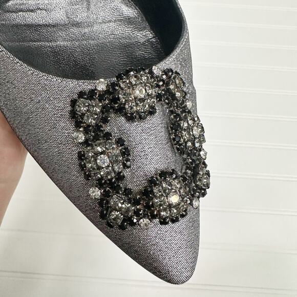 Manolo Blahnik Hangisi Silver Glitter Crystal Buckle Flats Metallic Ballerina - Picture 3 of 9